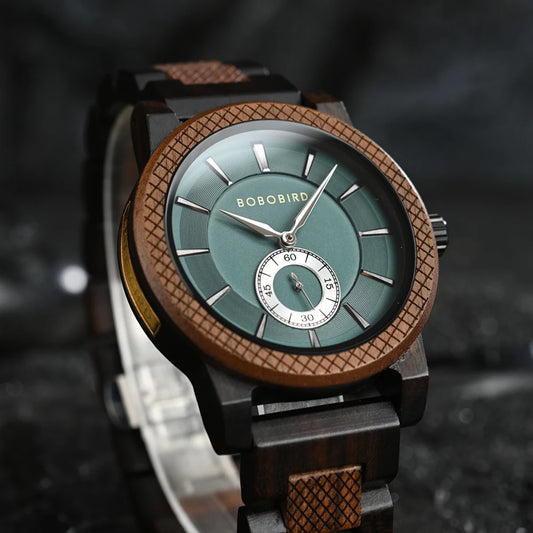 Alcom Distribution nature-inspired wristwatch with wooden bezel and green dial by BOBOBIRD