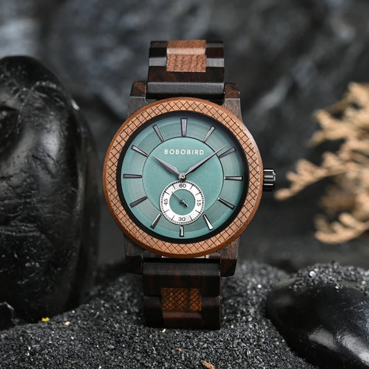 BOBOBIRD nature-inspired wristwatch with wooden bezel and teal dial on dark gravel background
