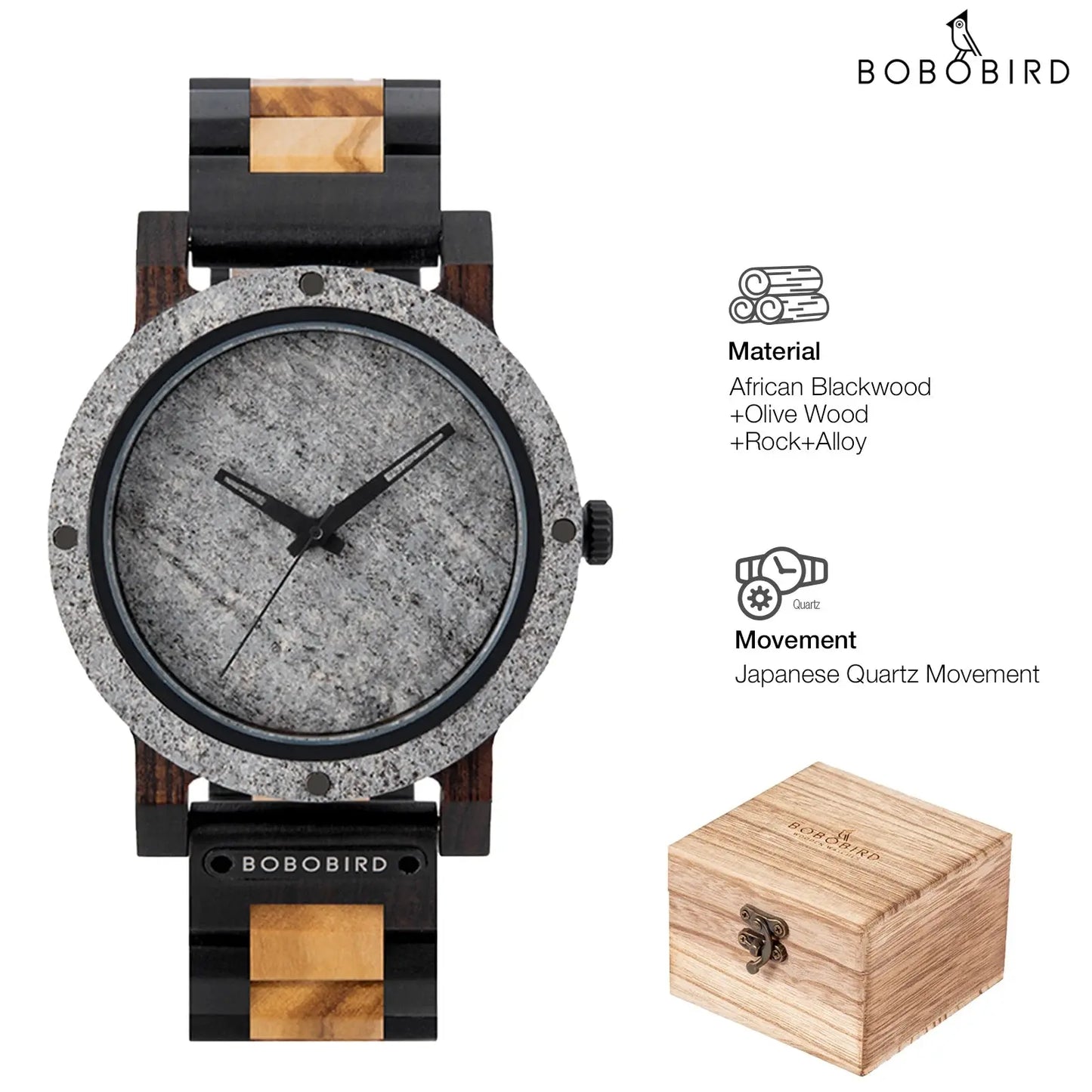 Stylish wood and stone watch by Alcom Distribution with African Blackwood and Olive Wood materials