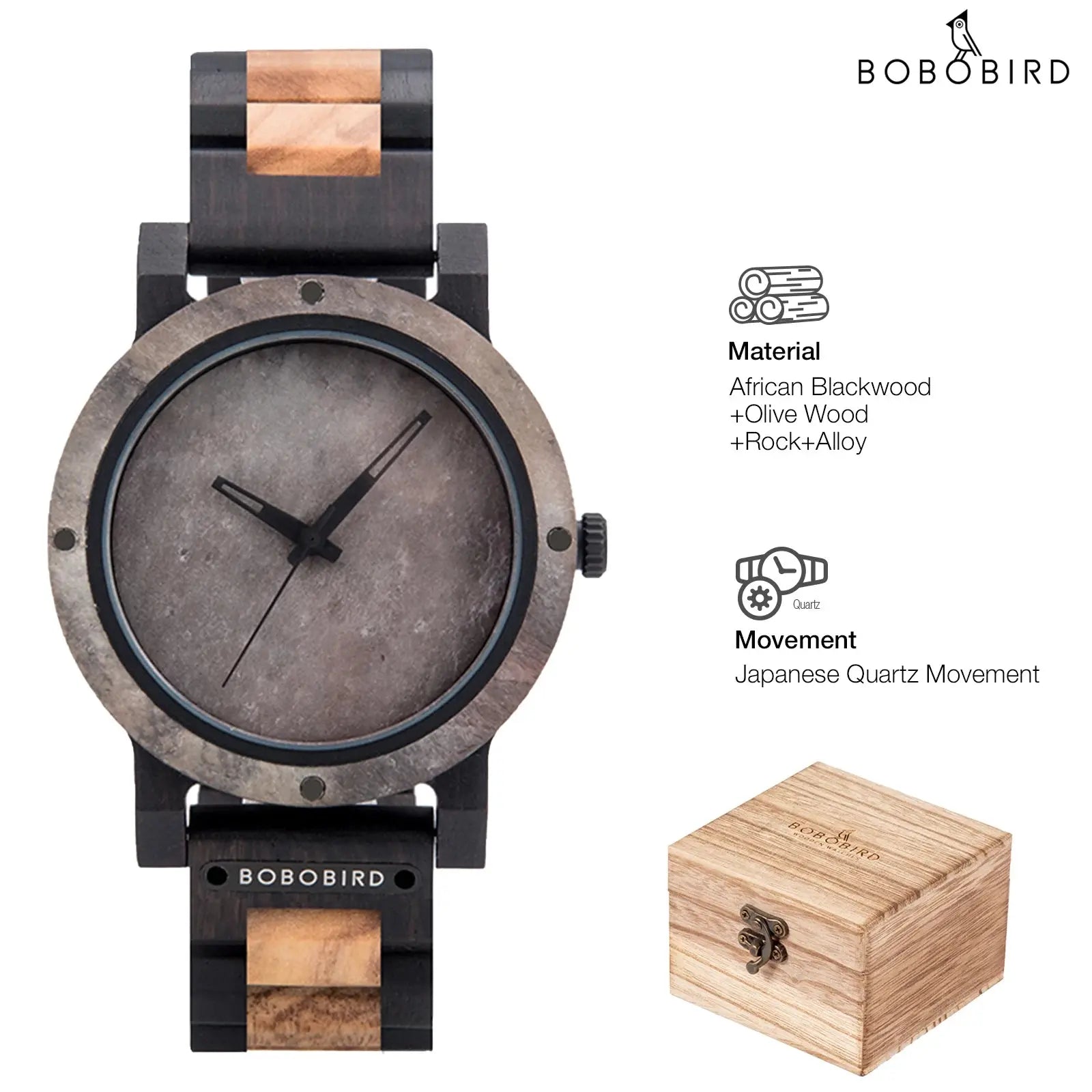 BOBOBIRD stylish wood and stone watch with African blackwood and olive wood band