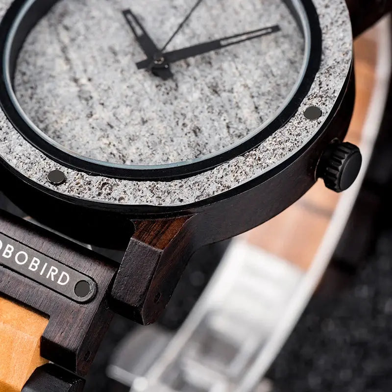 Alcom Distribution stylish wood and stone watch with textured stone dial and wooden case close-up