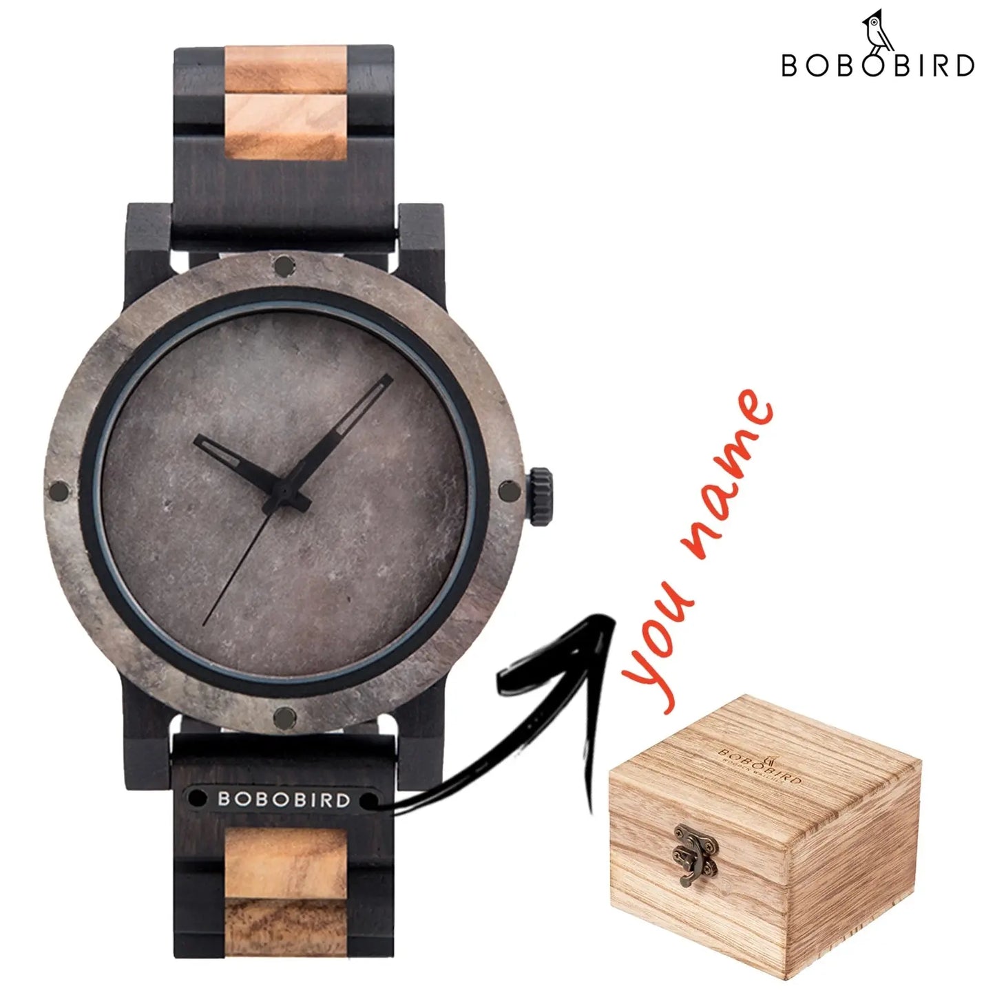 Stylish wood and stone watch by Alcom Distribution with mixed wood and stone design and wooden gift box