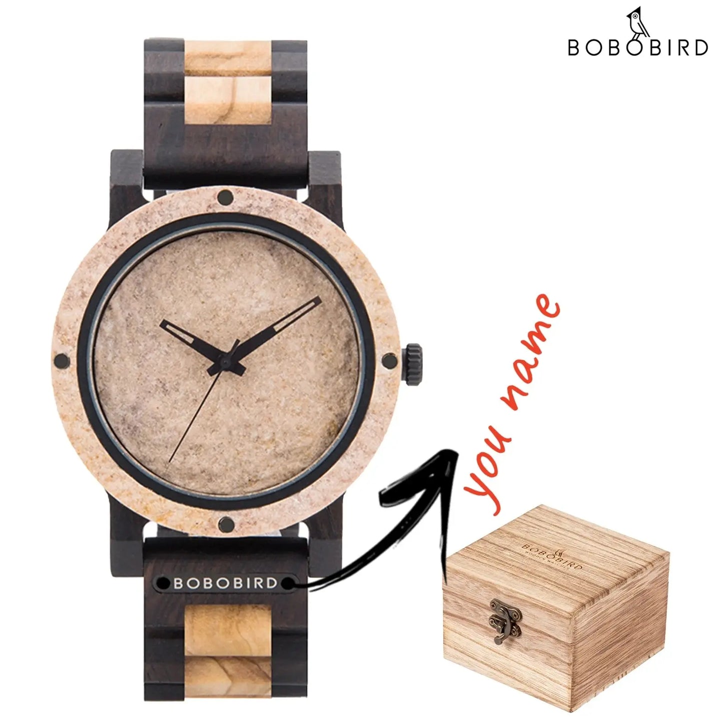 Stylish wood and stone watch by Alcom Distribution featuring natural wood and stone design with wooden gift box