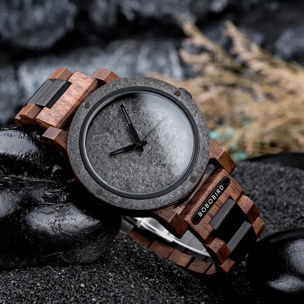 Stylish wood and stone watch with a round stone dial and wooden band by Alcom Distribution