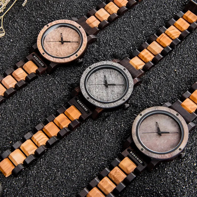 Alcom Distribution stylish wood and stone watch collection featuring unique natural wood and stone faces