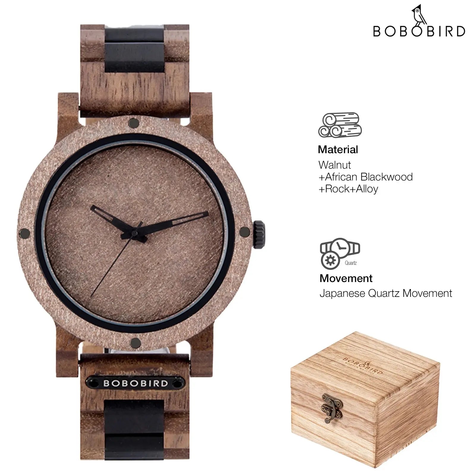 Stylish wood and stone watch by Alcom Distribution with walnut and African blackwood materials