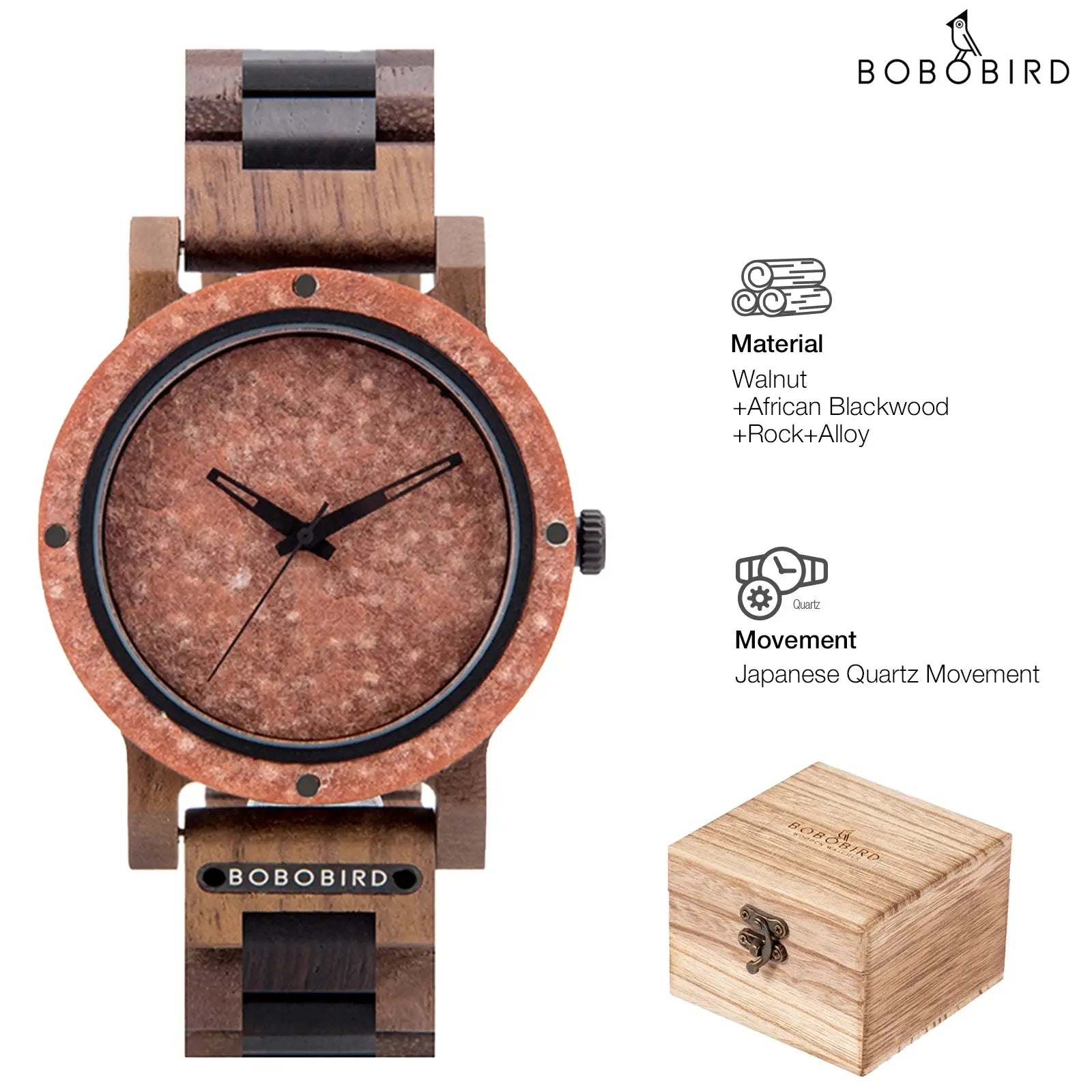 Stylish wood and stone watch by Alcom Distribution featuring walnut and African blackwood with Japanese quartz movement