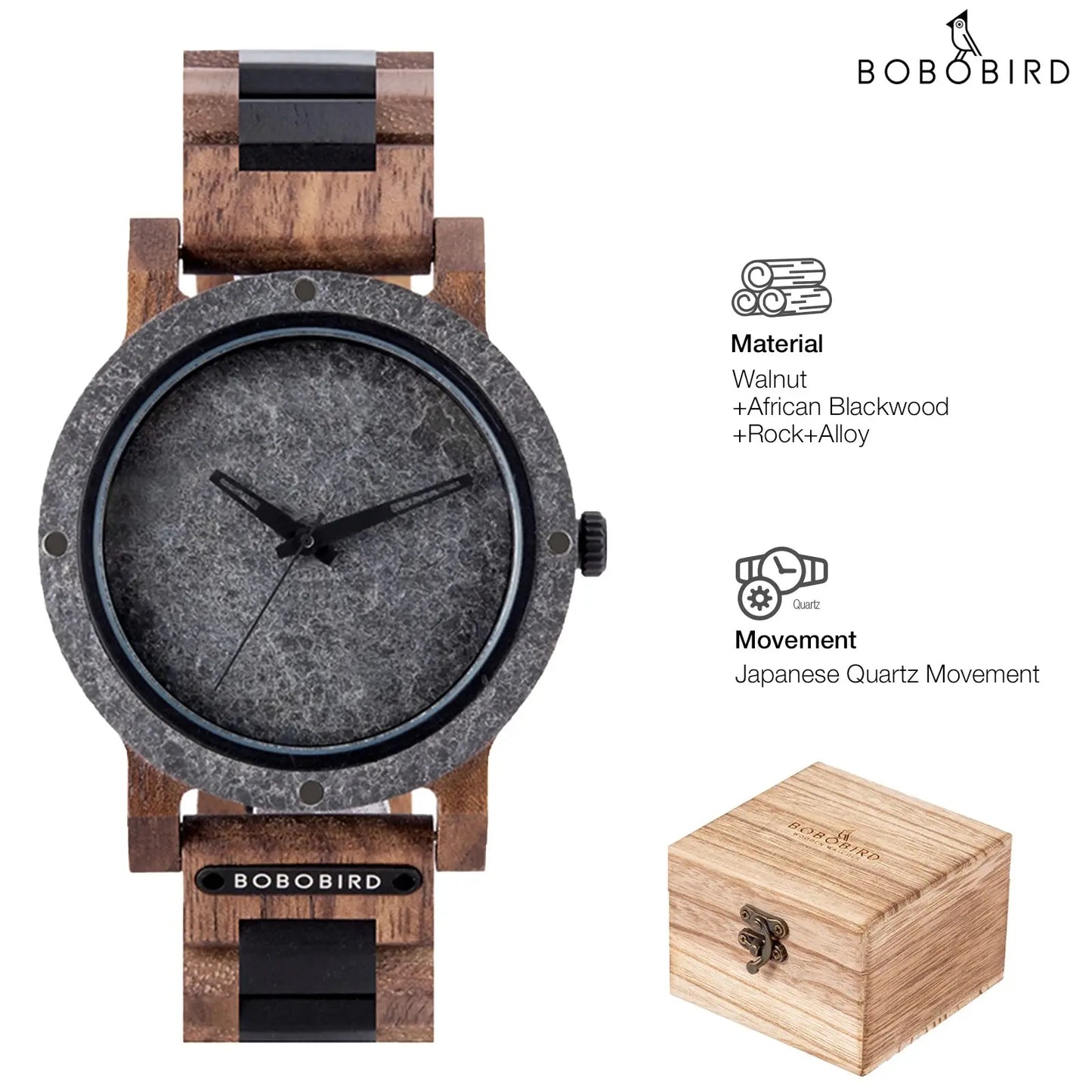BOBOBIRD stylish wood and stone watch with walnut African blackwood and rock alloy materials