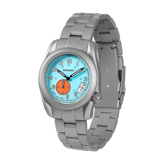 Alcom Distribution titanium adventure watch with blue and orange dial and durable metal band