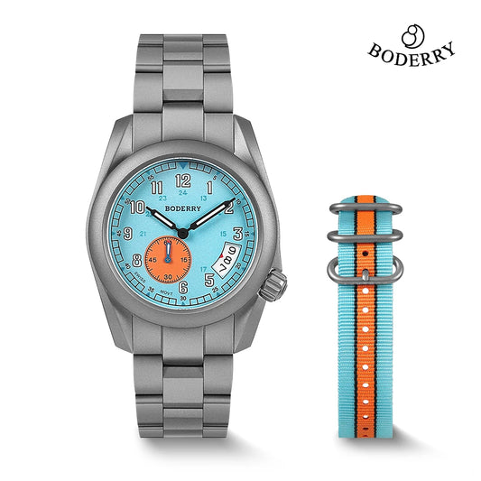 Boderry titanium adventure watch with blue dial and extra blue and orange striped nylon strap