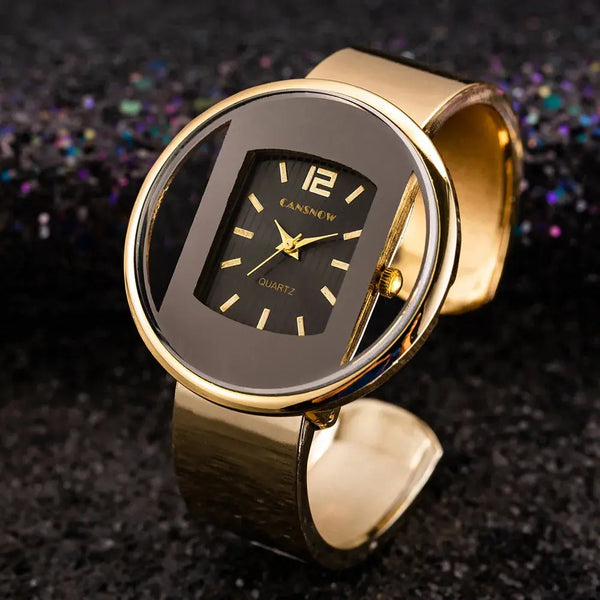 Alcom Distribution women's elegant quartz watch with gold band and unique black dial design