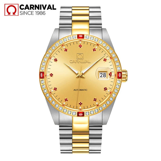 Carnival luxury automatic watch with gold and silver band and diamond-studded bezel