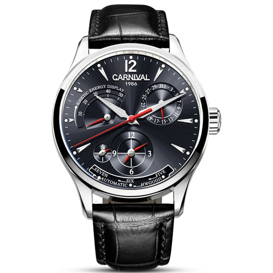 CARNIVAL men's automatic watch stainless steel case black sunburst dial red seconds hand black leather strap