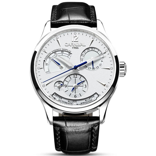 CARNIVAL men's automatic watch silver dial with blue hands black leather strap stainless steel case