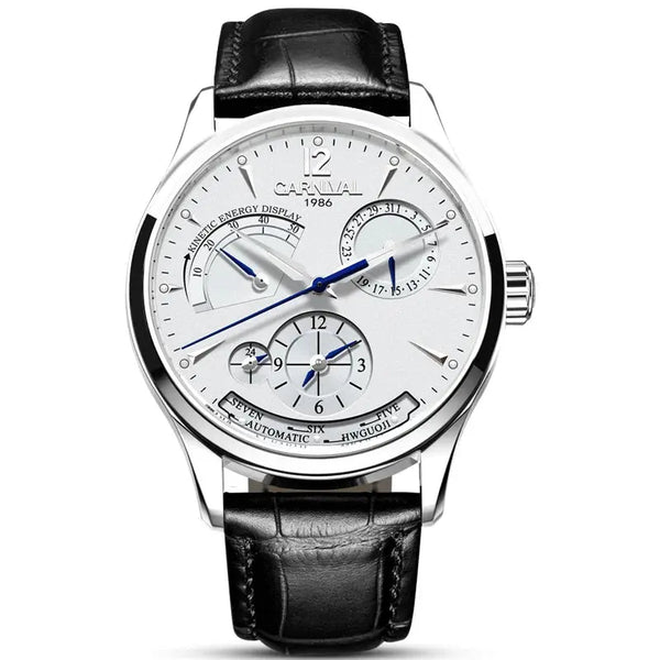 CARNIVAL men's automatic watch silver dial with blue hands black leather strap stainless steel case