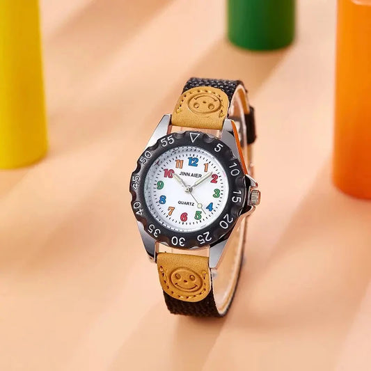 Alcom Distribution kids quartz watch colorful with multicolor numbers and black adjustable strap