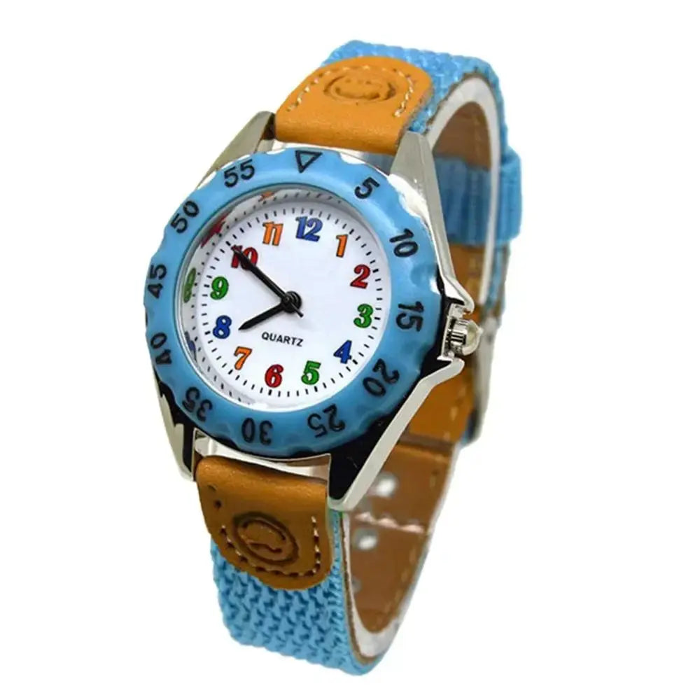 Alcom Distribution kids quartz watch colorful with blue bezel and multicolor numbers on white dial