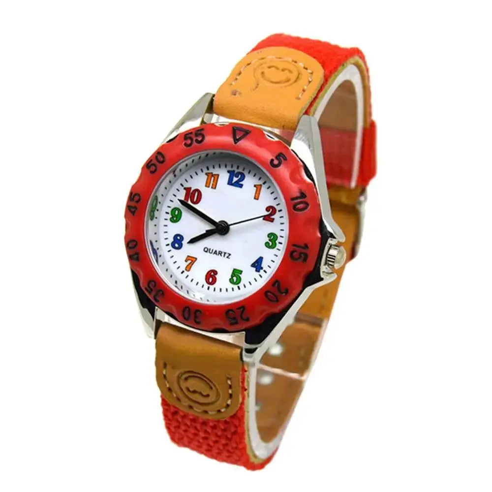 Alcom Distribution kids quartz watch colorful with red and tan strap and multicolor numbers on white dial