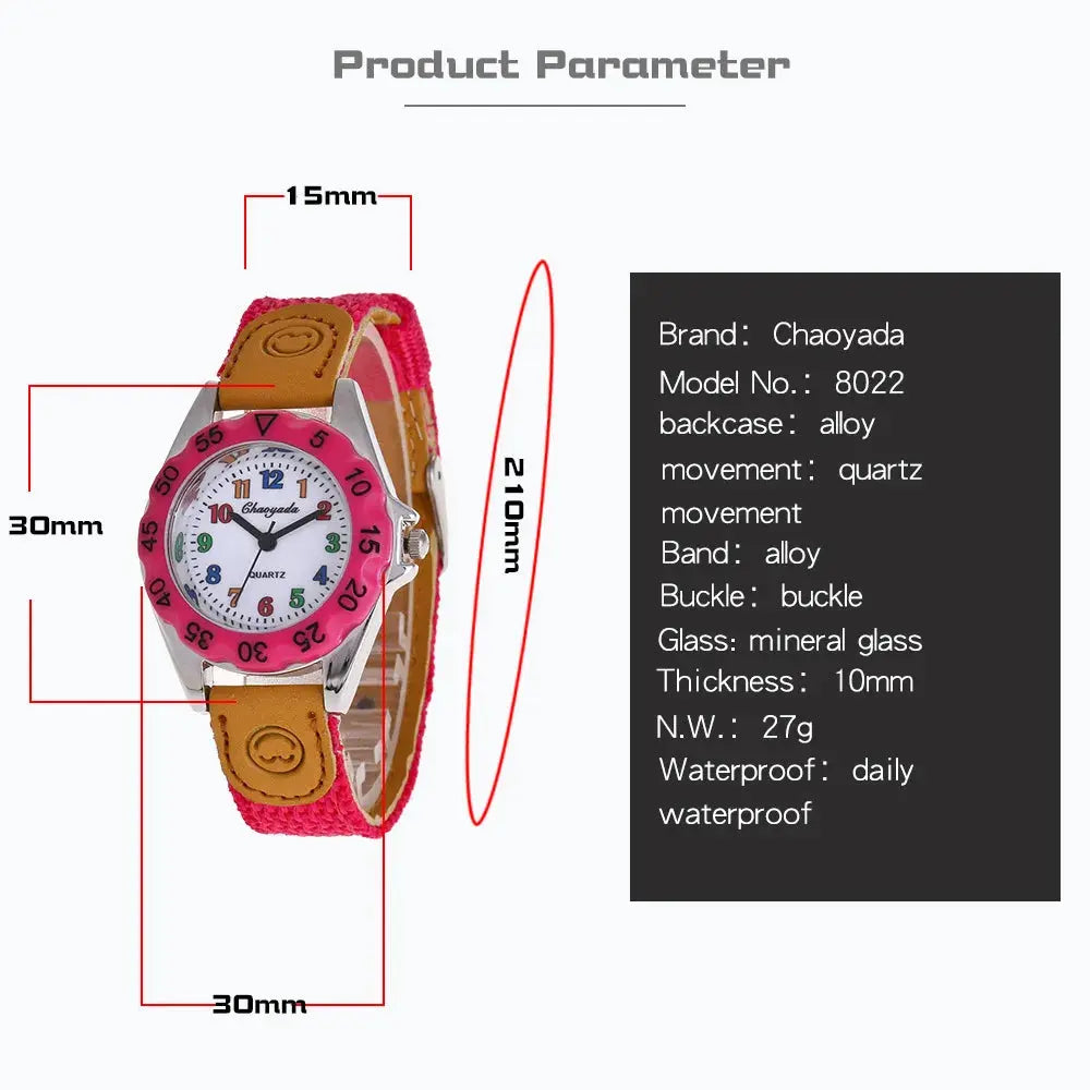Kids quartz watch colorful with pink bezel and brown adjustable strap by Alcom Distribution
