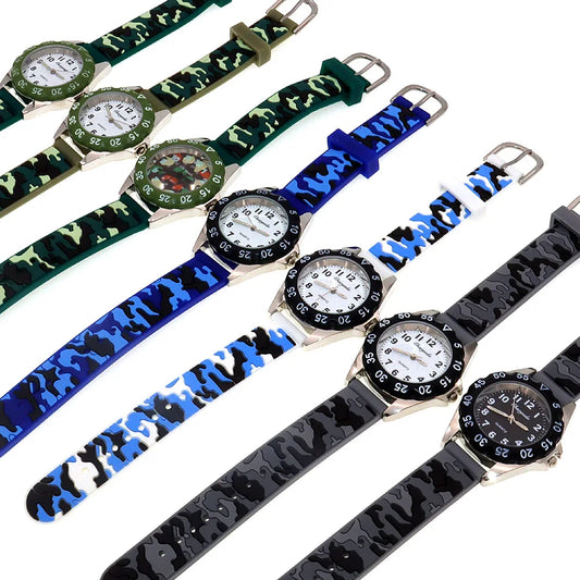 Alcom Distribution waterproof quartz kids watch collection with camo print straps in green blue white and black colors