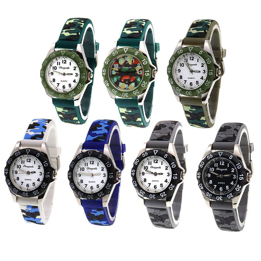 Alcom Distribution waterproof quartz kids watch collection with camouflage straps in green blue and gray colors