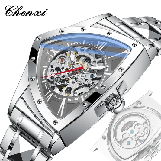 Men's triangle case wristwatch with silver metal band and visible automatic mechanical movement