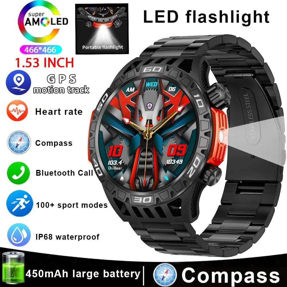 Alcom Distribution fitness tracker with Bluetooth featuring GPS, heart rate monitor, compass, LED flashlight, and 100+ sport modes