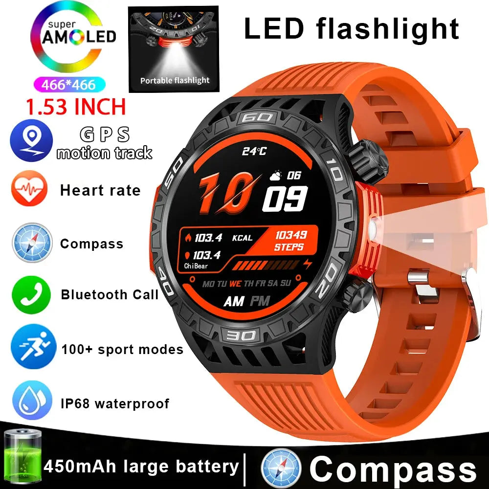 Alcom Distribution fitness tracker with Bluetooth orange sport watch featuring heart rate, GPS, compass, LED flashlight, and 100 plus sport modes