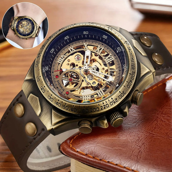 Alcom Distribution classic style automatic watch with bronze skeleton dial and brown leather strap