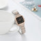 Alcom Distribution square quartz watch for women with black dial and two-tone metal bracelet
