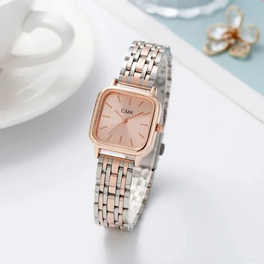 Alcom Distribution square quartz watch for women with rose gold and silver metal band and pink dial
