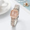 Alcom Distribution square quartz watch for women with rose gold and silver metal band and pink dial
