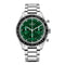 Corgeut black dial stainless steel watch with green chronograph features and tachymeter bezel