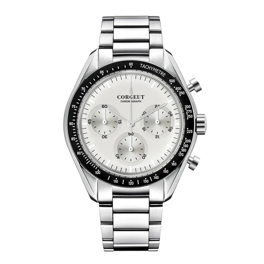 Corgeut black dial stainless steel watch with chronograph features and a polished bracelet design