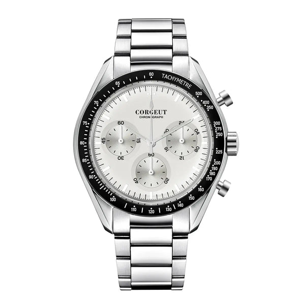 Corgeut black dial stainless steel watch with chronograph features and a polished bracelet design
