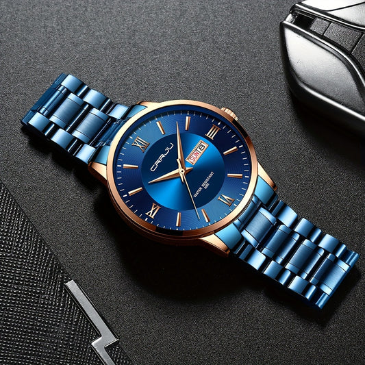 Alcom Distribution men's classic quartz watch with blue dial and metal strap