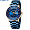 Alcom Distribution men's classic quartz watch with blue metal band and gold-tone case