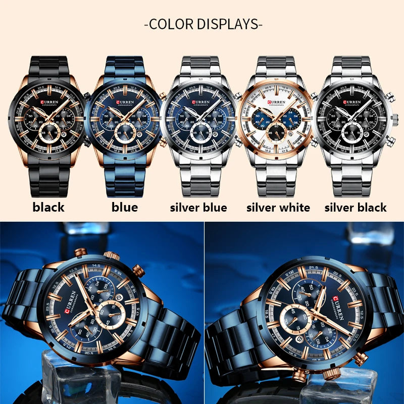 Curren luxury men's watch collection by Alcom Distribution in black blue silver blue silver white and silver black colors