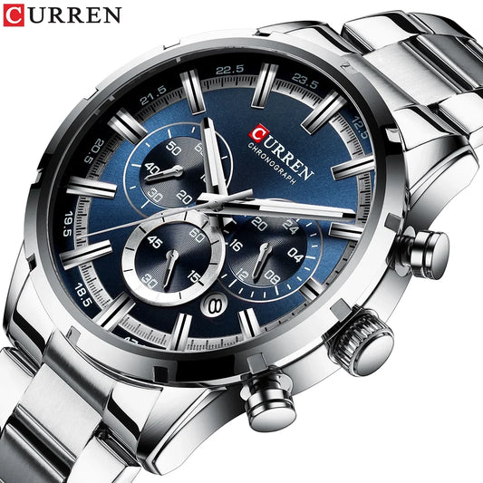 Curren luxury men's watch with silver stainless steel band and blue chronograph dial by Alcom Distribution