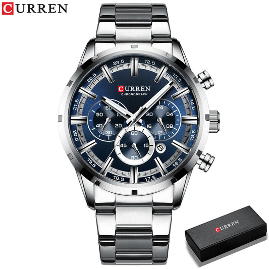 Curren luxury men's watch with blue dial silver stainless steel band chronograph and black Curren box