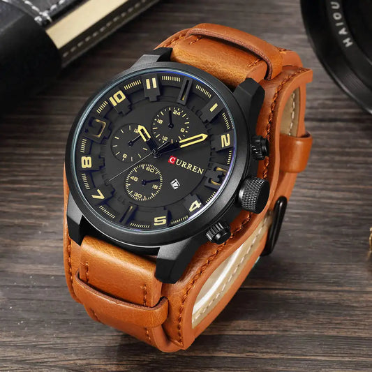 CURREN men's luxury watch with black dial and brown leather strap