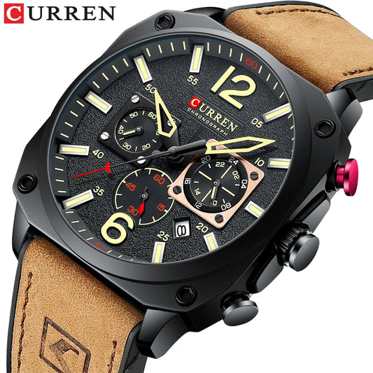 CURREN men's chronograph watch with black textured dial, tan leather strap, and multiple subdials