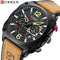 CURREN men's chronograph watch with black textured dial, tan leather strap, and multiple subdials