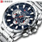 CURREN sport chronograph watch with silver stainless steel band and blue dial for active lifestyles