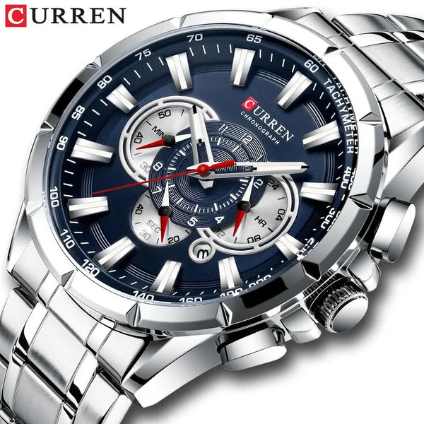 CURREN sport chronograph watch with silver stainless steel band and blue dial for active lifestyles