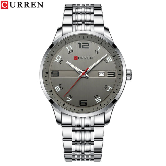 Curren stainless steel business watch with silver metal band and gray dial with date display