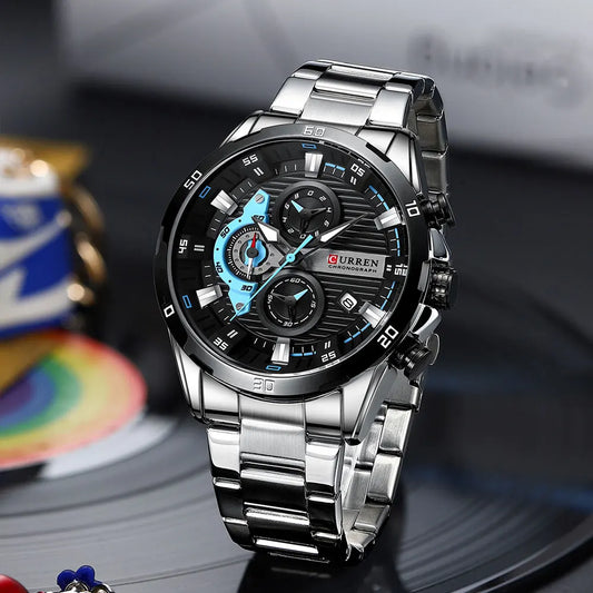 CURREN stainless steel watch with black and blue dial chronograph and metal bracelet band