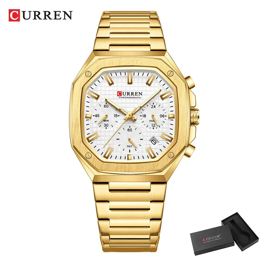Curren vintage square dial mens watch in gold with chronograph and metal band by Alcom Distribution