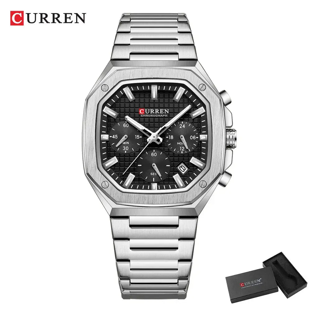 Curren vintage square dial mens watch with stainless steel band and black chronograph face
