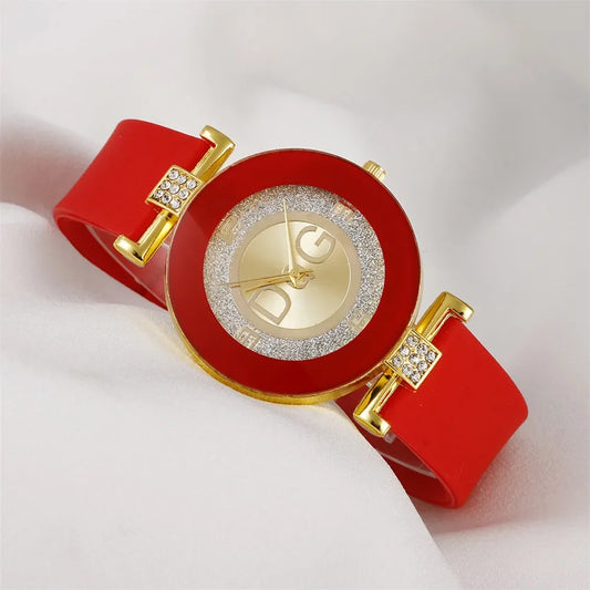 Alcom Distribution elegant quartz watch for women with red strap and gold accents